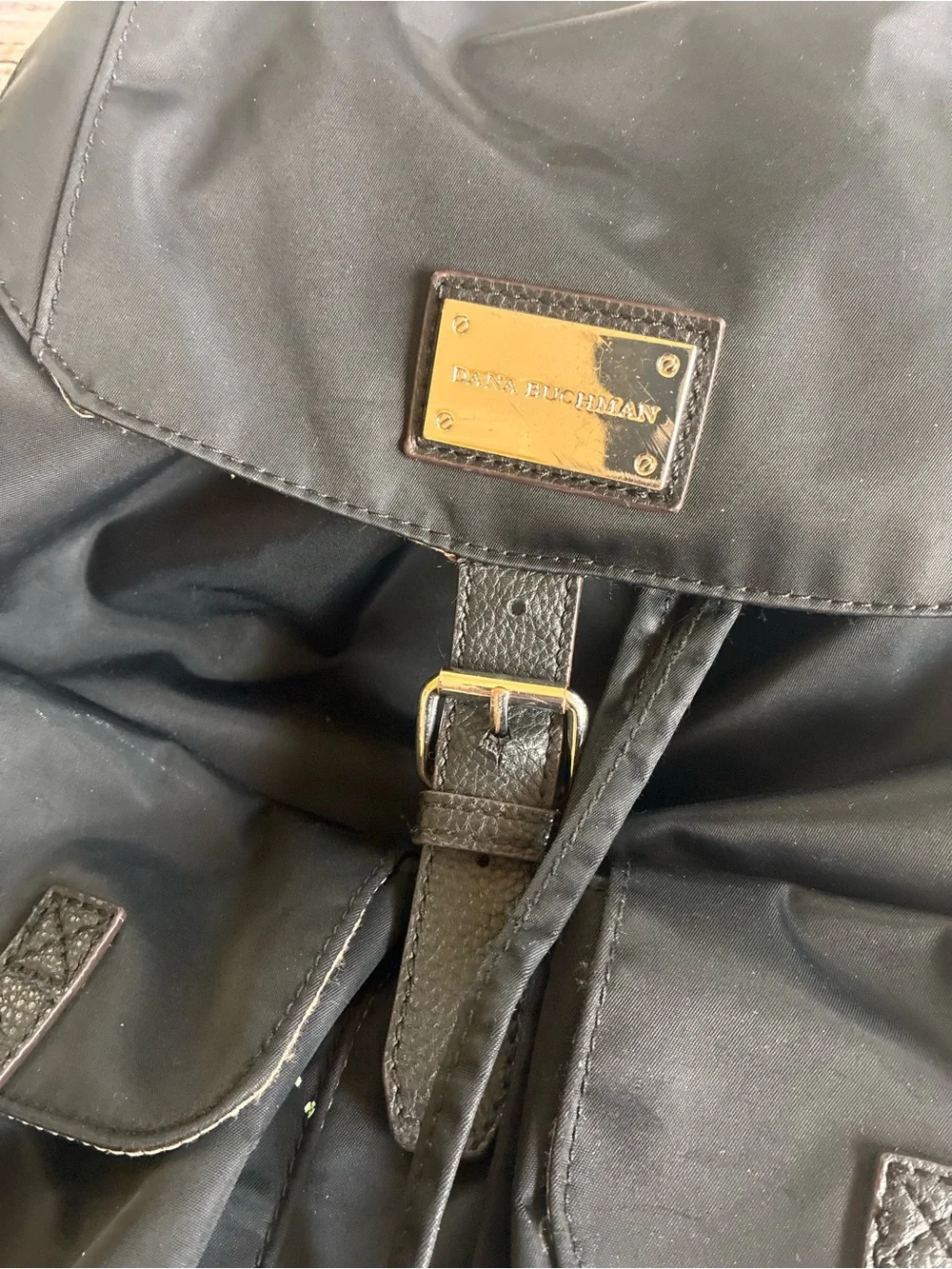 Dana Buchman Black Nylon Backpack with Front Buckle Pockets